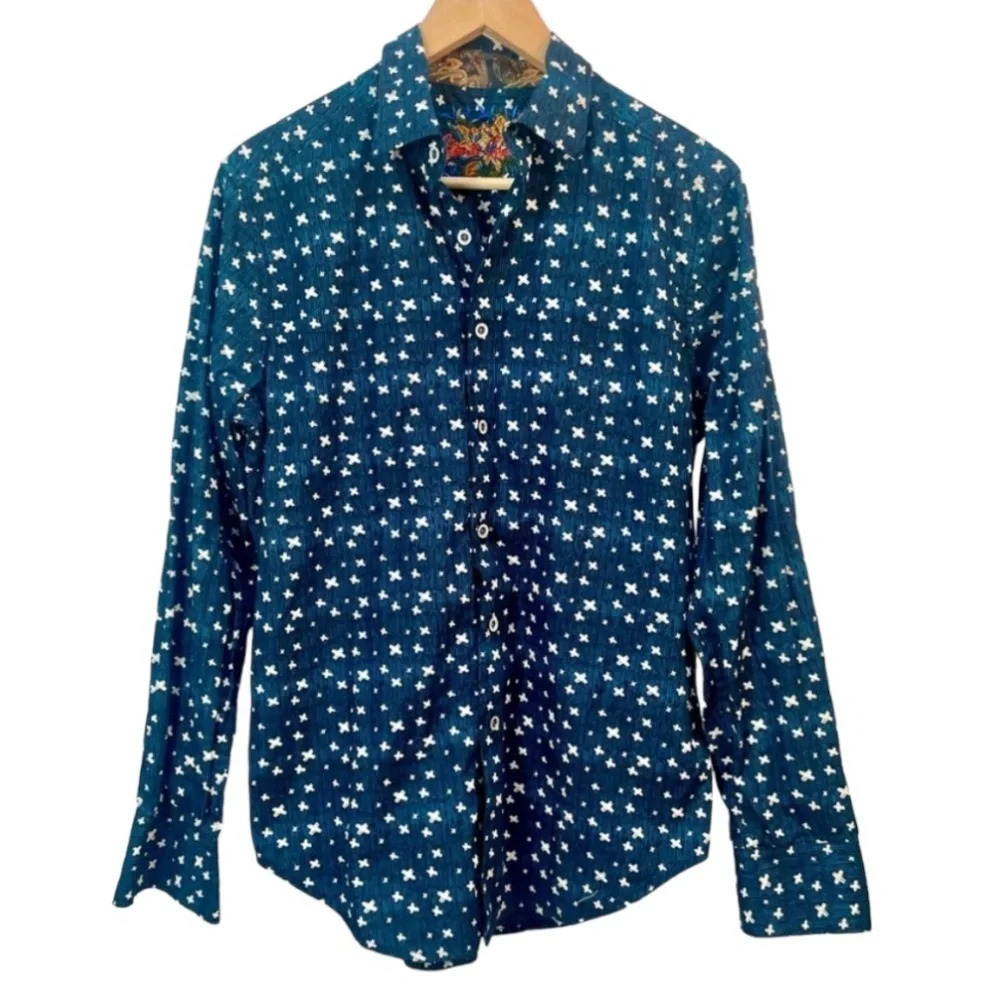 Robert Graham Men’s Multi Pattern Blue & White Button Down Shirt Classic Fit, S